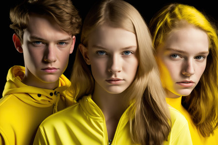 Three blond teenagers portrait wearing bright yellow outfit. Dark background, studio shot. Generative AI illustrationの素材