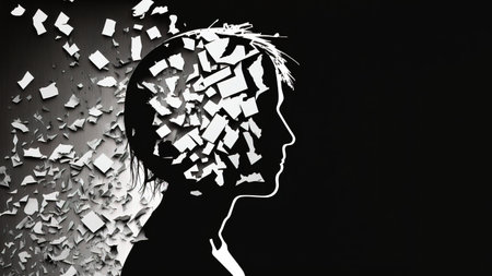 Illustration of troubled person. Human head silhouette made of paper pieces. Dark background with copy space. Generative AIの素材