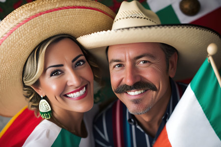 Happy Mexican couple celebrating 5 de Mayo. Close up portrait. Generative AIの素材
