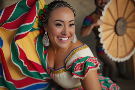 Folklore Mexican dancer wearing colorful dress celebrating 5 de Mayo. Generative AIの素材