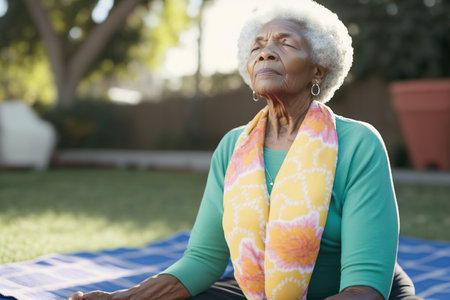 African American woman meditating in the yard of her garden. Generative AIの素材