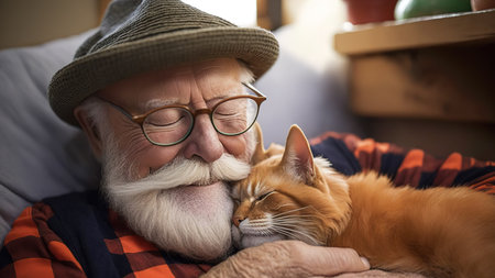 Senior old man resting at home with his cat. Generative AIの素材