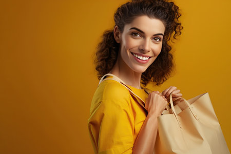 Woman smiling after shopping day. Studio shot portrait over yellow background. Generative AIの素材