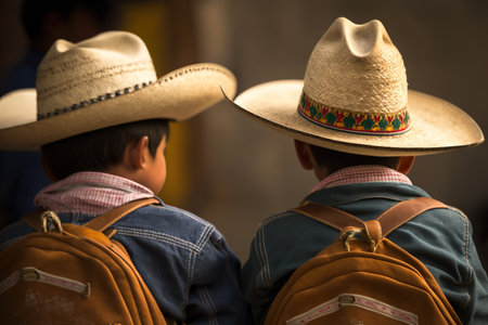Back view of school boys with Mexican hats going to school. Unrecognizable children. Generative AIの素材