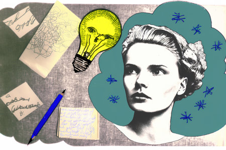 Retro style illustration of woman face, notes, and diaries pages. Generative AI illustrationの素材
