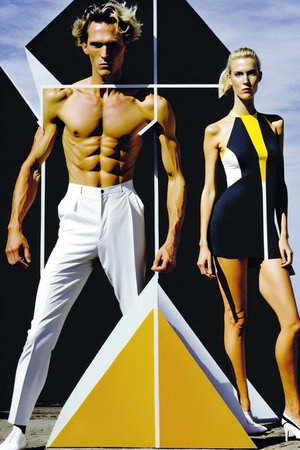 Abstract geometric fashionable portrait of man and woman. Generative AI vertical illustrationの素材