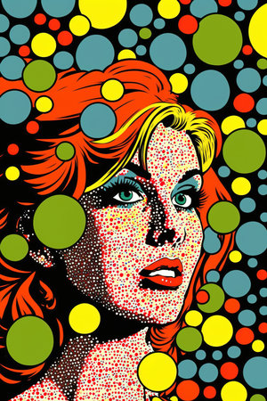 Colorful cartoon of pop art woman face. Generative AI illustration posterの素材