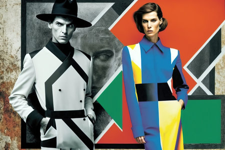 Colorful abstract geometric illustration of couple of models. Retro 80s style. Generative AI illustrationの素材