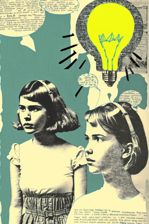 Collage of retro style textbook with girls vintage portrait. Generative AI vertical illustrationの素材