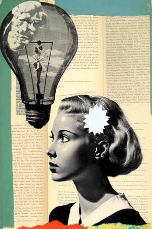 Retro style textbook page with girl portrait. Generative AI vertical illustrationの素材