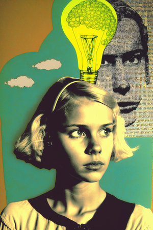 Collage retro style textbook with girl portrait. Generative AI vertical illustrationの素材