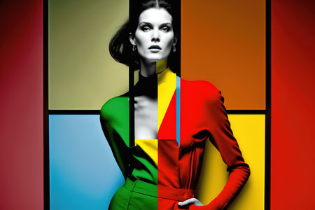 Supermodel woman portrait with abstract geometric retro style. Generative AI illustrationの素材