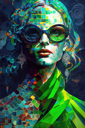 Mondrian art woman portrait in green colors. Generative AI vertical illustrationの素材