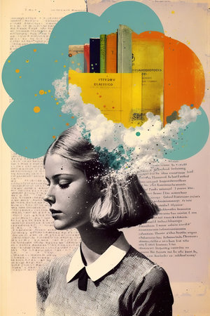 Textbook retro style with collage. Generative AI vertical illustrationの素材