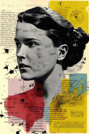 Vintage retro style textbook page with woman portrait photograph. Generative AI vertical illustrationの素材