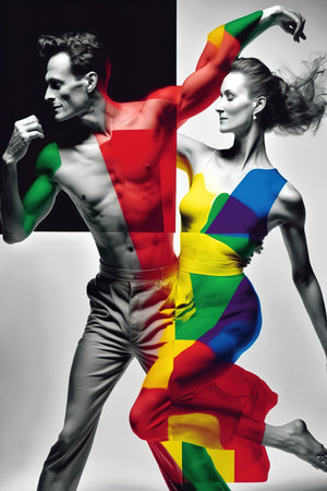 Colorful abstract illustration of couple dancing. Generative AI vertical illustrationの素材