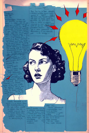 Retro style illustration of woman with light bulb. Magazine paper pop art style. Generative AI vertical illustrationの素材