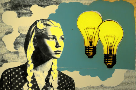 Retro style collage of woman with light bulbs. Conceptual vintage concept. Generative AI illustrationの素材