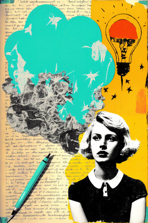Retro style page of woman illustration with light bulb. Generative AI vertical illustrationの素材