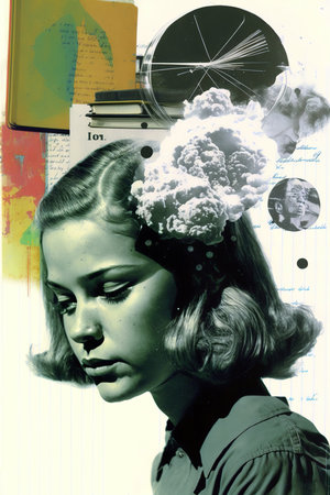 Collage retro style schoolbook page. Generative AI vertical illustrationの素材
