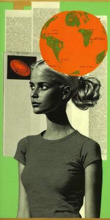 Schoolbook magazine retro illustration with girl portrait. Generative AI vertical illustrationの素材