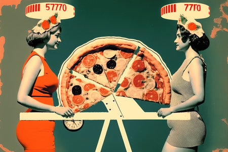 Retro style pop art illustration of two women holding big pizza. Generative AI illustrationの素材