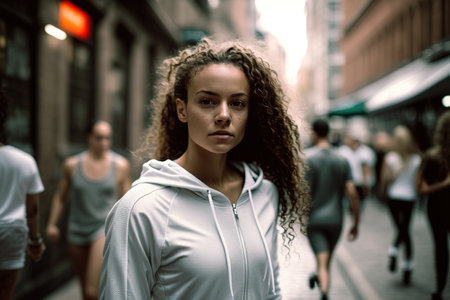 Teenager curly-haired young adult woman wearing sportswear. Focus on foreground. City street as background. Generative AI illustrationの素材