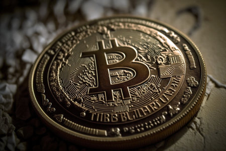 Close up shot of golden bitcoin. Generative AI illustrationの素材