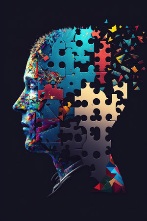 Profile human head made of puzzle pieces. Conceptual illustration banner. Generative AI vertical illustrationの素材