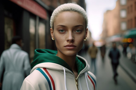 Beautiful mixed race girl with curly hair and casual clothing in city street. Generative AI illustrationの素材
