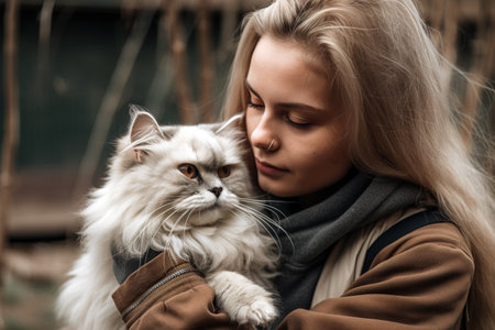Young Caucasian woman embracing her white cat. Loving pet animals concept. Generative AIの素材