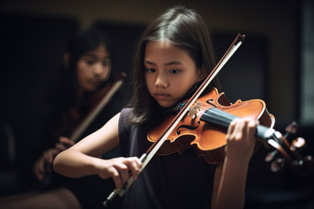 Little Asian girl playing violin in classroom. Generative AIの素材