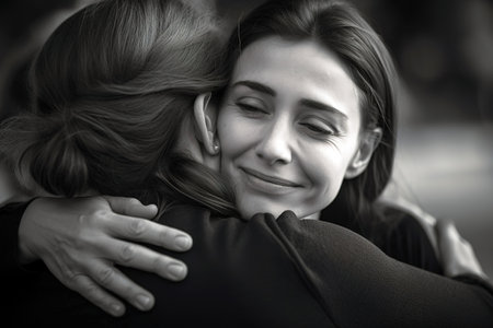 Photograph of a woman hugging her mom. Mother's day concept. Black and white concept. Generative AIの素材