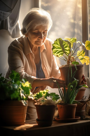 Mature woman repotting houseplants at home. Generative AIの素材