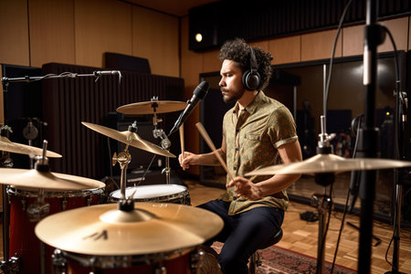 Man playing drums in recording studio. Generative AIの素材