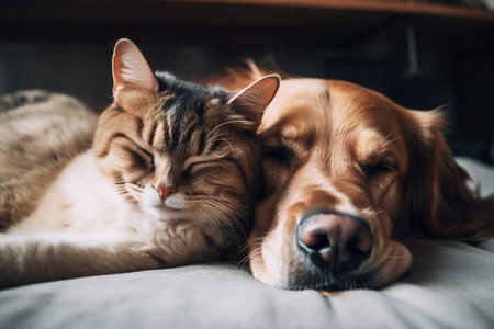Cute close up shot of dog and cat napping together. Generative AIの素材