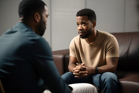 Worried man talking with her psychologist during therapy Mental health concept. Generative AIの素材