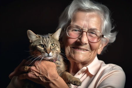 Happy retired woman portrait with her tabby cat looking at camera. Generative AIの素材