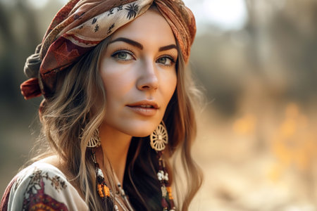 Attractive Caucasian woman portrait with hippie chic boho style. Generative AIの素材