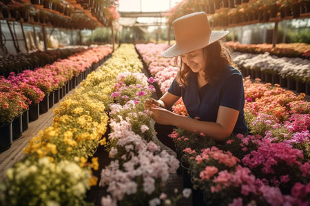 Woman working with plants in flower garden shop. Generative AIの素材