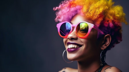 Afro punk woman with colorful short hair. Portrait with copy space for text. Generative AIの素材