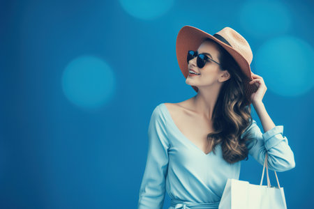 Happy elegant woman holding shopping bags over blue background with copy space for text. Generative AIの素材