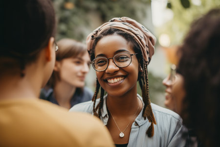 African American girl smiling while talking with friend in outdoors. Generative AIの素材