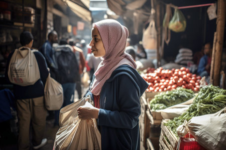 Muslim woman wearing hijab doing shopping at the street local market. Generative AIの素材