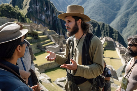 Young tour guide talking with tourist in Machu Picchu. Focus on foreground. Generative AIの素材