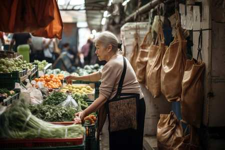 South Asian senior woman doing grocery shopping at local market. Generative AIの素材