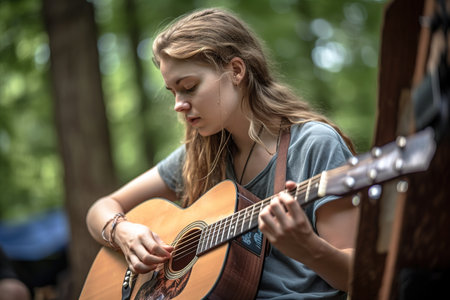 Caucasian young woman playing acoustic guitar in the forest. Generative AIの素材
