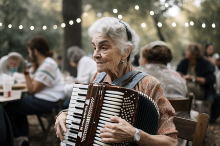 Old lady playing accordion in outdoors festival. Generative AIの素材