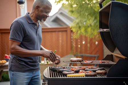 African American man doing barbecue at home backyard. Generative AIの素材