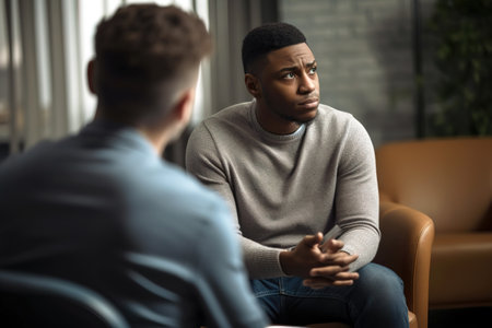 African American man having psychotherapy session with professional. Mental and emotional health concept. Generative AIの素材